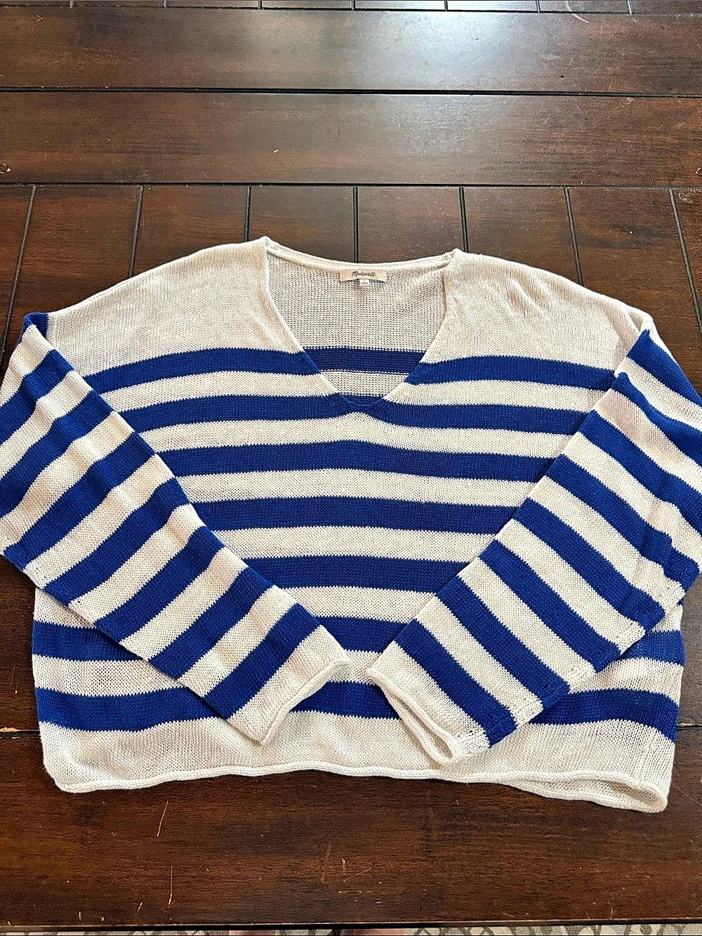 Madewell Linen V-Neck Sweater Striped Linen Sweater Blue & White Size Large
